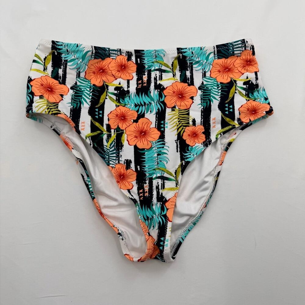 High-Waist Floral Bikini Bottoms - Orange & Teal Hibiscus